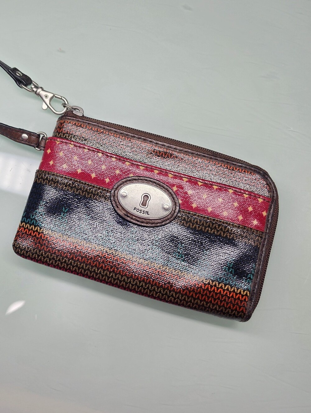 Fossil Key-Per Multicolor Stripe Zip Around Wristlet Wallet